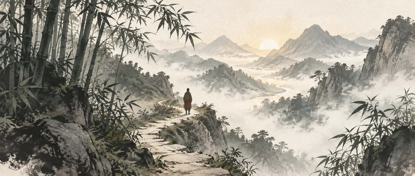 竹影中的山路通向远处微光，一位行者驻足望向群山